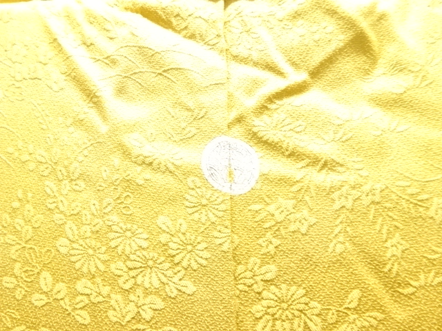  浅井青仁作　家屋に草花模様織り出し一つ紋色無地着物